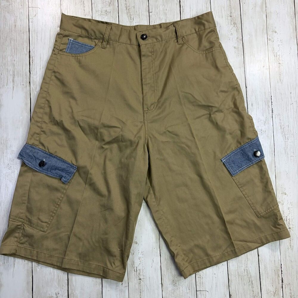 Vintage Y2K Red Ape Mens Cargo Shorts Size 38 Tan Khaki Denim Accent Baggy